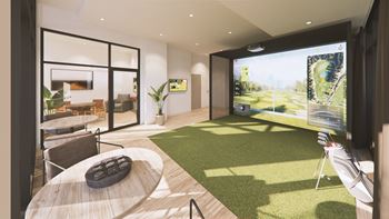 A modern living room with a large screen displaying a virtual reality landscape.